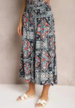 Granatowe Spodnie Kuloty z Bawełny High Waist z Gumką w Pasie Palovia