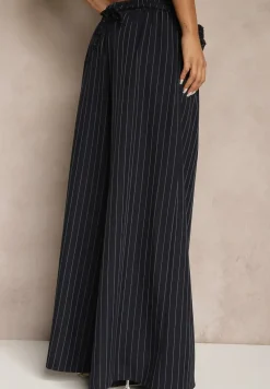 Granatowe Spodnie Palazzo High Waist Ozdobione Broszką Kwiatem Folassea