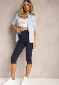 Granatowe Spodnie z Bawełny o Długości 3/4 Legginsy Abiknia