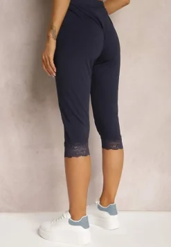 Granatowe Spodnie z Bawełny o Długości 3/4 Legginsy Abiknia