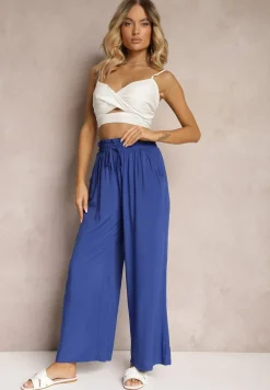 Granatowe Spodnie z Bawełny Typu Palazzo High Waist z Gumką w Talii Nelsaria