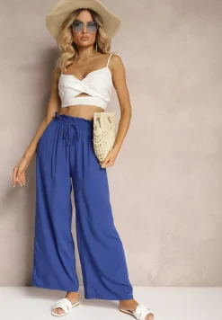 Granatowe Spodnie z Bawełny Typu Palazzo High Waist z Gumką w Talii Nelsaria
