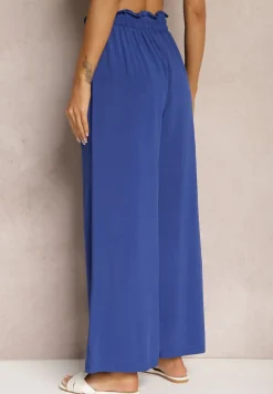 Granatowe Spodnie z Bawełny Typu Palazzo High Waist z Gumką w Talii Nelsaria