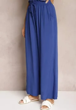 Granatowe Spodnie z Bawełny Typu Palazzo High Waist z Gumką w Talii Nelsaria