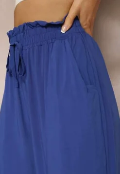 Granatowe Spodnie z Bawełny Typu Palazzo High Waist z Gumką w Talii Nelsaria