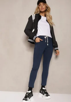 Granatowe Spodnie z Dodatkiem Bawełny High Waist Wiązane w Pasie Nirinne