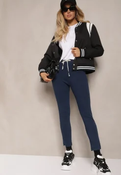 Granatowe Spodnie z Dodatkiem Bawełny High Waist Wiązane w Pasie Nirinne