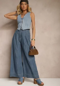 Granatowe Szerokie Jeansy z Bawełny High Waist Cohna