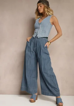 Granatowe Szerokie Jeansy z Bawełny High Waist Cohna