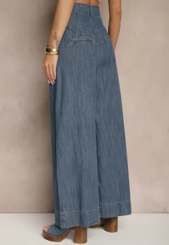 Granatowe Szerokie Jeansy z Bawełny High Waist Cohna