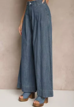 Granatowe Szerokie Jeansy z Bawełny High Waist Cohna