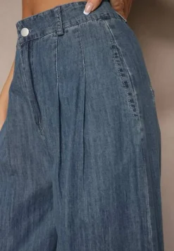 Granatowe Szerokie Jeansy z Bawełny High Waist Cohna