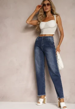 Granatowe Szerokie Jeansy z Postrzępionymi Nogawkami Orimske