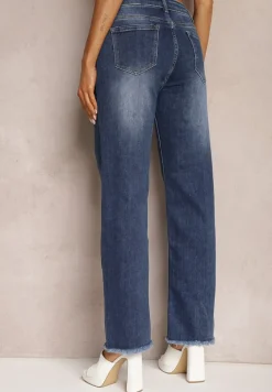 Granatowe Szerokie Jeansy z Postrzępionymi Nogawkami Orimske