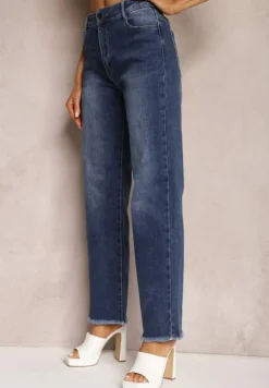 Granatowe Szerokie Jeansy z Postrzępionymi Nogawkami Orimske