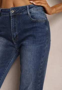 Granatowe Szerokie Jeansy z Postrzępionymi Nogawkami Orimske