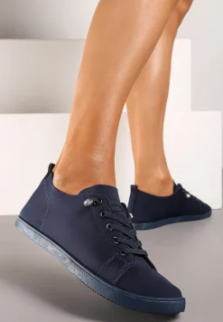 Granatowe Sznurowane Tenisówki z Ozdobnymi Cyrkoniami na Płaskiej Podeszwie Iiloeva