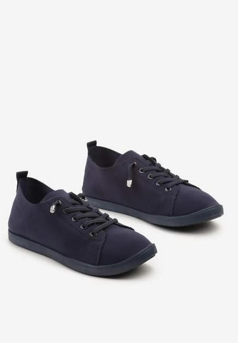 Granatowe Sznurowane Tenisówki z Ozdobnymi Cyrkoniami na Płaskiej Podeszwie Iiloeva