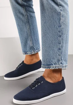 Granatowe Sznurowane Tenisówki na Płaskiej Podeszwie z Materiału w Kropki Harnisa