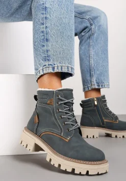 Granatowe Sznurowane Traperki na Płaskiej Podeszwie Ozdobione Przeszyciami Lerania