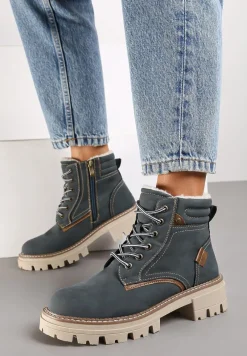 Granatowe Sznurowane Traperki na Płaskiej Podeszwie Ozdobione Przeszyciami Lerania