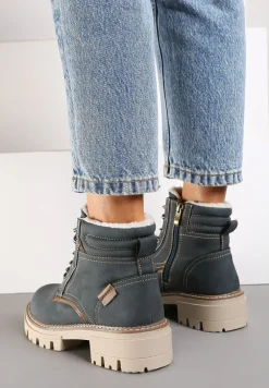 Granatowe Sznurowane Traperki na Płaskiej Podeszwie Ozdobione Przeszyciami Lerania