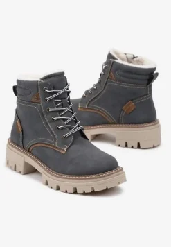 Granatowe Sznurowane Traperki na Płaskiej Podeszwie Ozdobione Przeszyciami Lerania