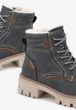 Granatowe Sznurowane Traperki na Płaskiej Podeszwie Ozdobione Przeszyciami Lerania