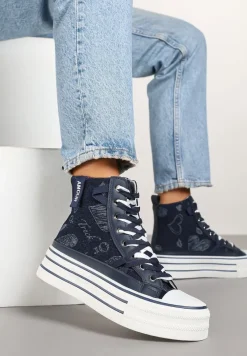 Granatowe Trampki Jeansowe z Serduszkami na Platformie Benirea