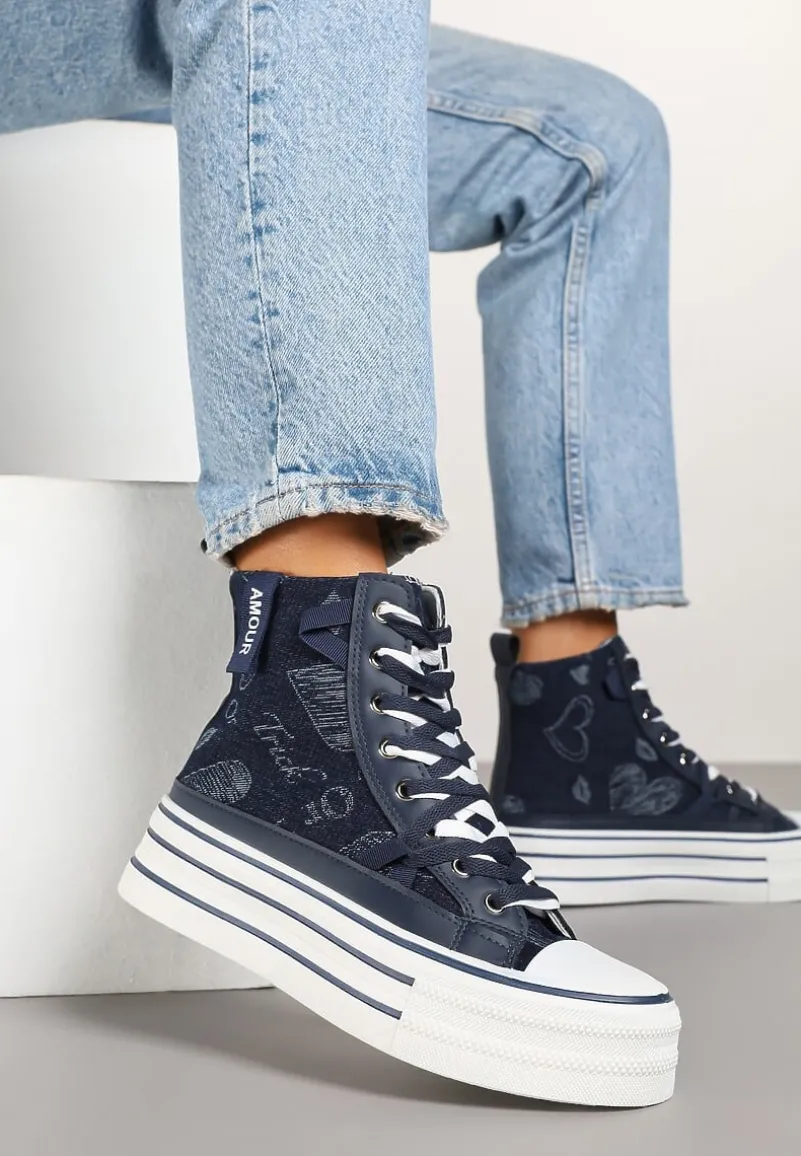 Granatowe Trampki Jeansowe z Serduszkami na Platformie Benirea