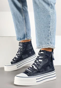 Granatowe Trampki Jeansowe z Serduszkami na Platformie Benirea