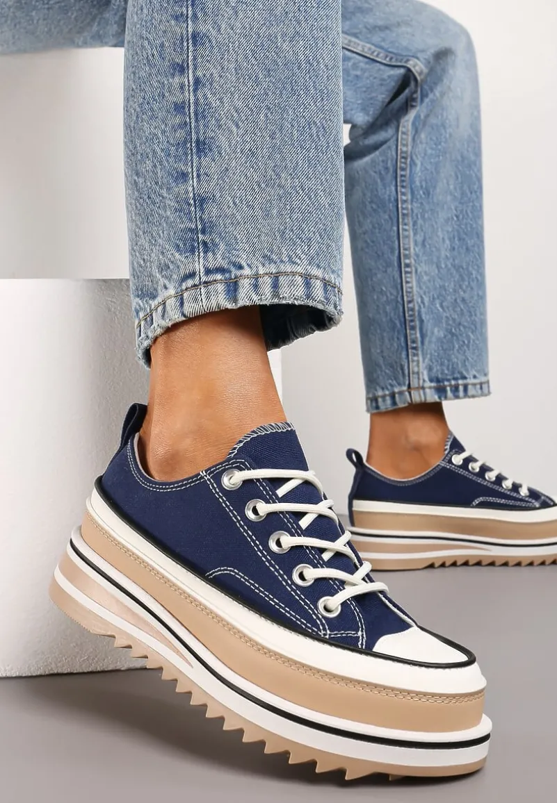 Granatowe Trampki na Ozdobnej Platformie ze Sznurowaniem Moonoria