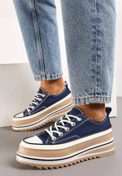 Granatowe Trampki na Ozdobnej Platformie ze Sznurowaniem Moonoria