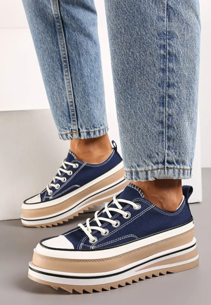 Granatowe Trampki na Ozdobnej Platformie ze Sznurowaniem Moonoria