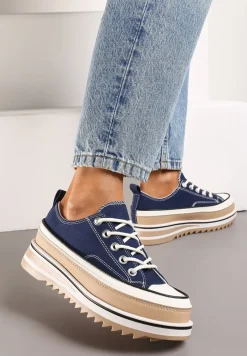 Granatowe Trampki na Ozdobnej Platformie ze Sznurowaniem Moonoria