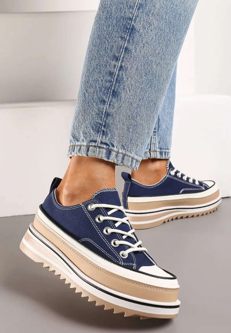 Granatowe Trampki na Ozdobnej Platformie ze Sznurowaniem Moonoria