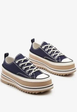 Granatowe Trampki na Ozdobnej Platformie ze Sznurowaniem Moonoria