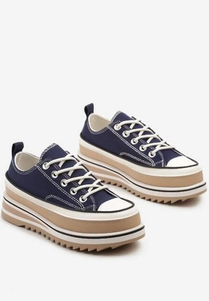 Granatowe Trampki na Ozdobnej Platformie ze Sznurowaniem Moonoria