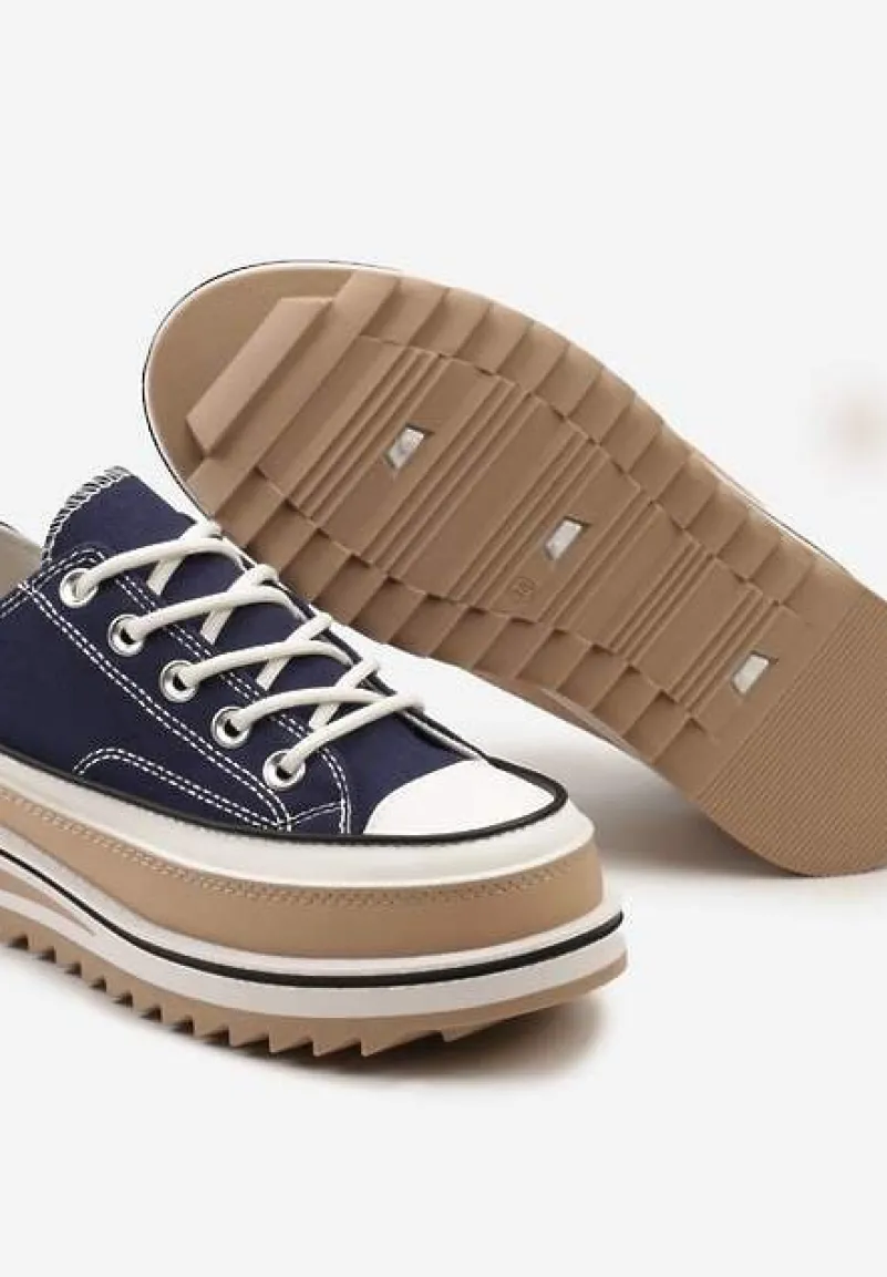 Granatowe Trampki na Ozdobnej Platformie ze Sznurowaniem Moonoria