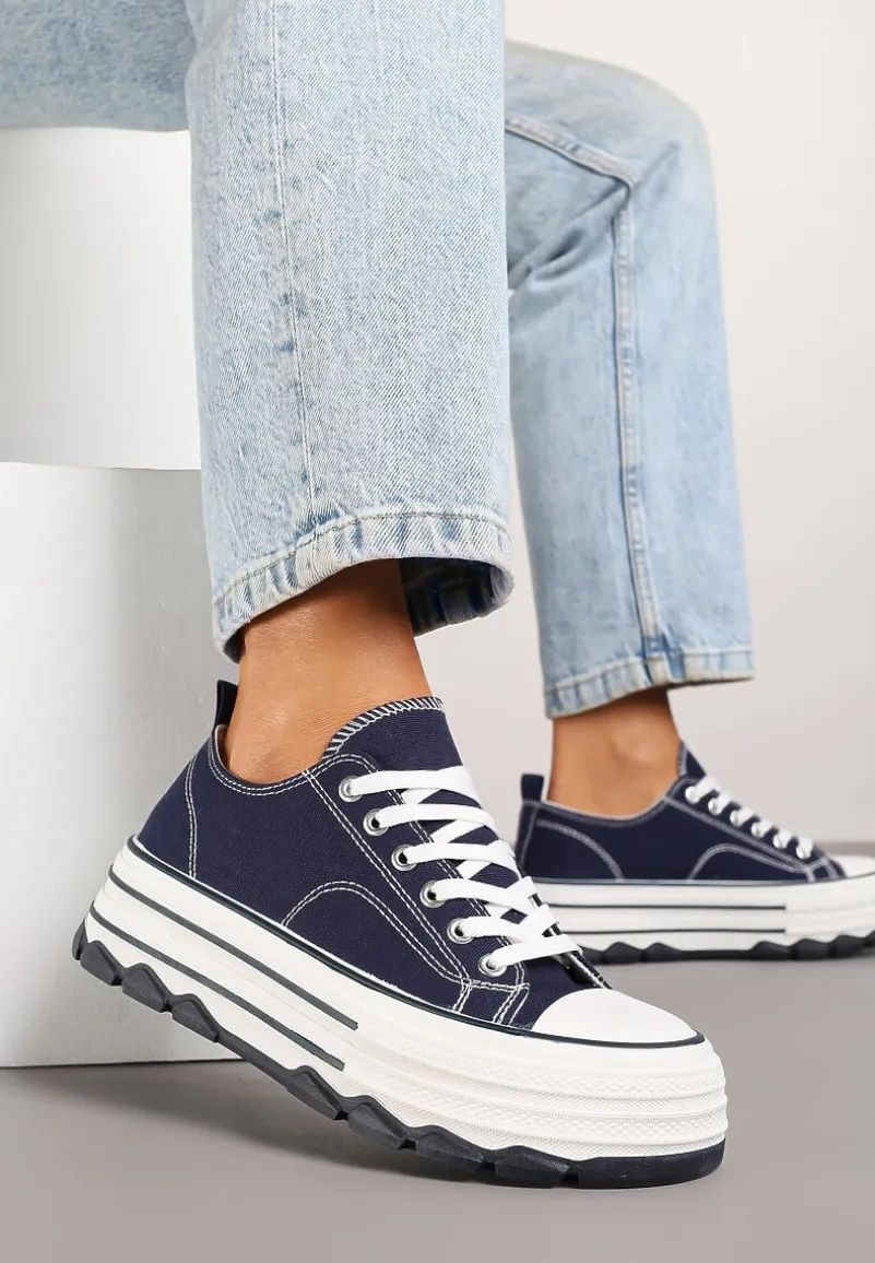 Granatowe Trampki na Platformie z Paskami i Niską Cholewką Zienelle