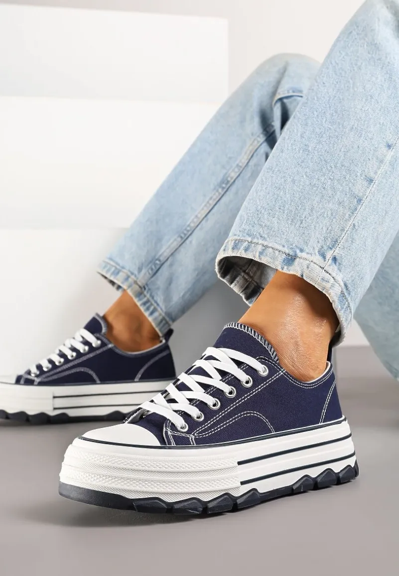 Granatowe Trampki na Platformie z Paskami i Niską Cholewką Zienelle