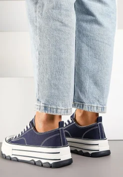 Granatowe Trampki na Platformie z Paskami i Niską Cholewką Zienelle