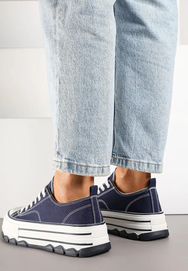 Granatowe Trampki na Platformie z Paskami i Niską Cholewką Zienelle