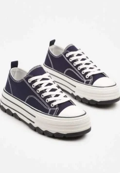 Granatowe Trampki na Platformie z Paskami i Niską Cholewką Zienelle