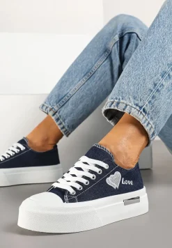 Granatowe Trampki na Platformie z Ozdobnym Napisem i Sercem Laviere