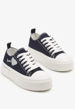 Granatowe Trampki na Platformie z Ozdobnym Napisem i Sercem Laviere