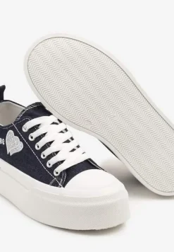 Granatowe Trampki na Platformie z Ozdobnym Napisem i Sercem Laviere