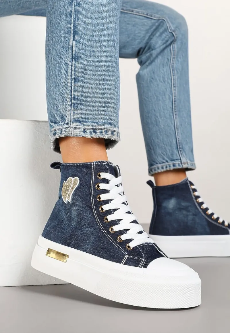 Granatowe Trampki na Platformie z Wysoką Cholewką z Haftem z Brokatem Elanitha