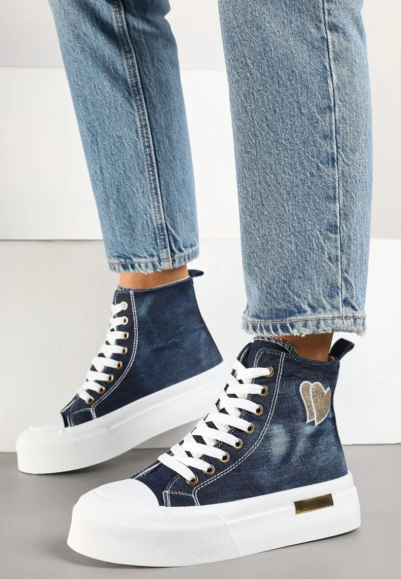 Granatowe Trampki na Platformie z Wysoką Cholewką z Haftem z Brokatem Elanitha