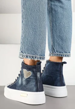 Granatowe Trampki na Platformie z Wysoką Cholewką z Haftem z Brokatem Elanitha